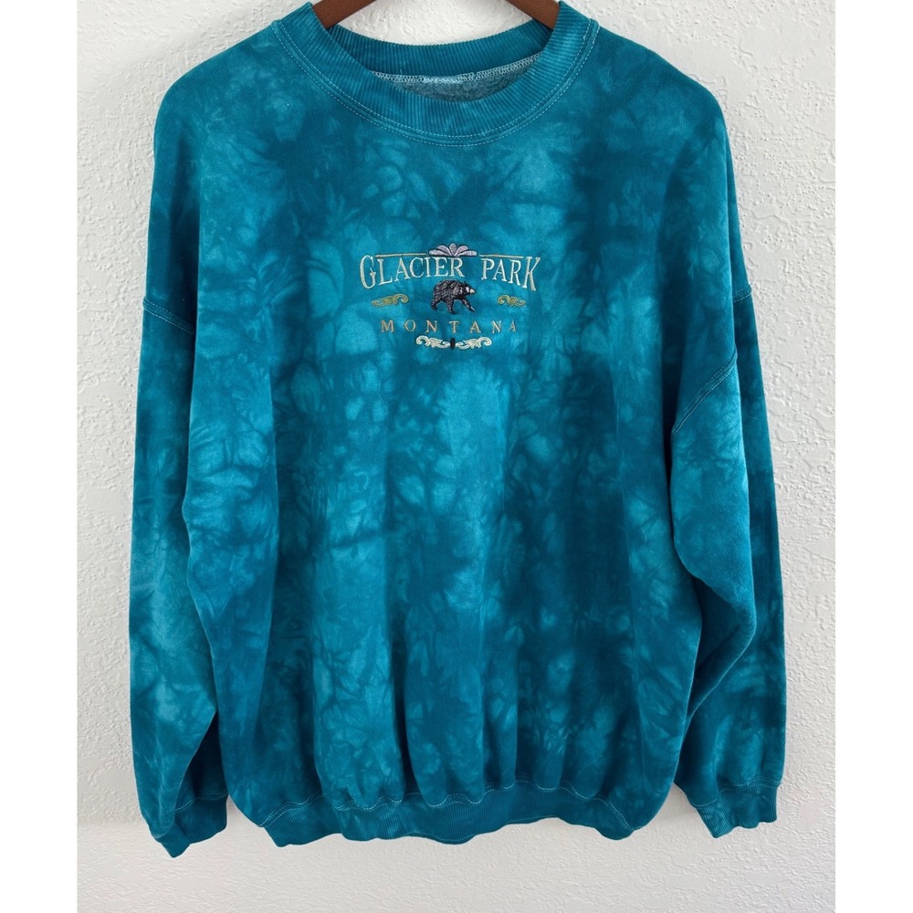Vintage Glacier Park Montana Tie Dye Embroidered Bear Crewneck Sweatshirt Size L